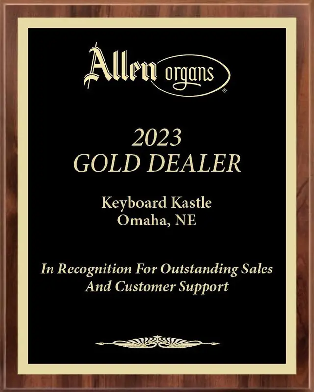 Allen Organs 2023 Gold Dealer plaque awarded to Keyboard Kastle, Omaha, NE