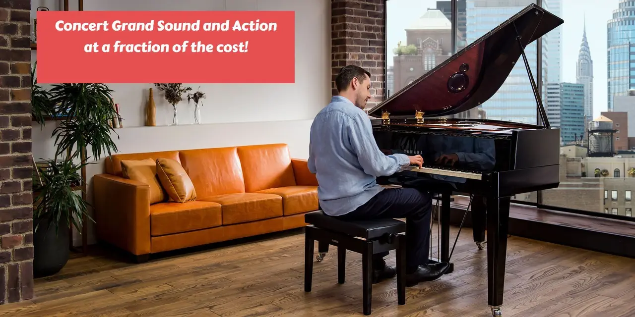 Yamaha AvantGrand hybrid grand piano in a living room: concert grand sound and action at a fraction of the cost