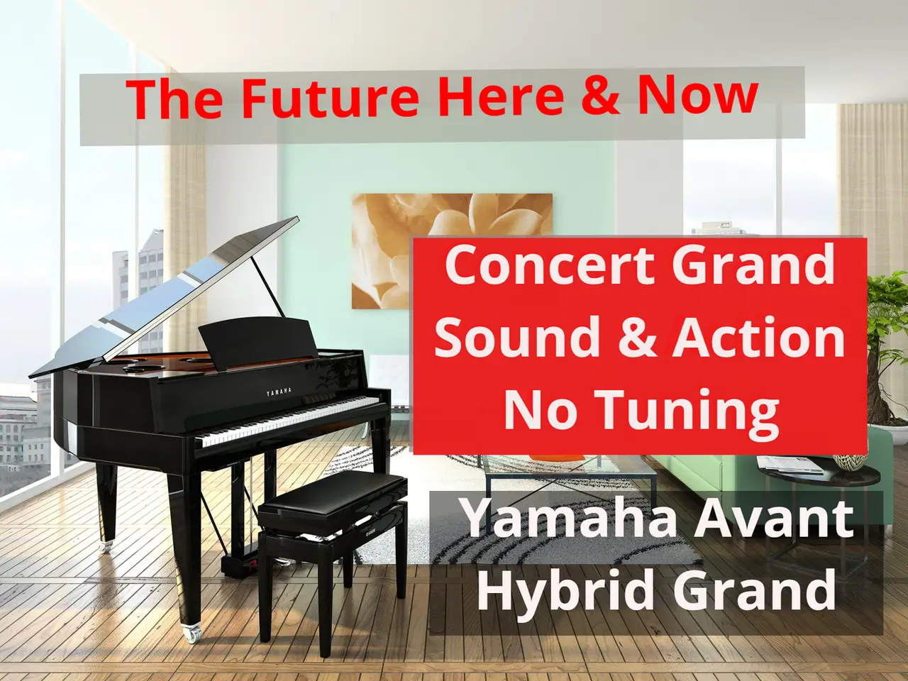 Yamaha AvantGrand hybrid grand in a living room: the future here and now, concert grand sound and action, no tuning