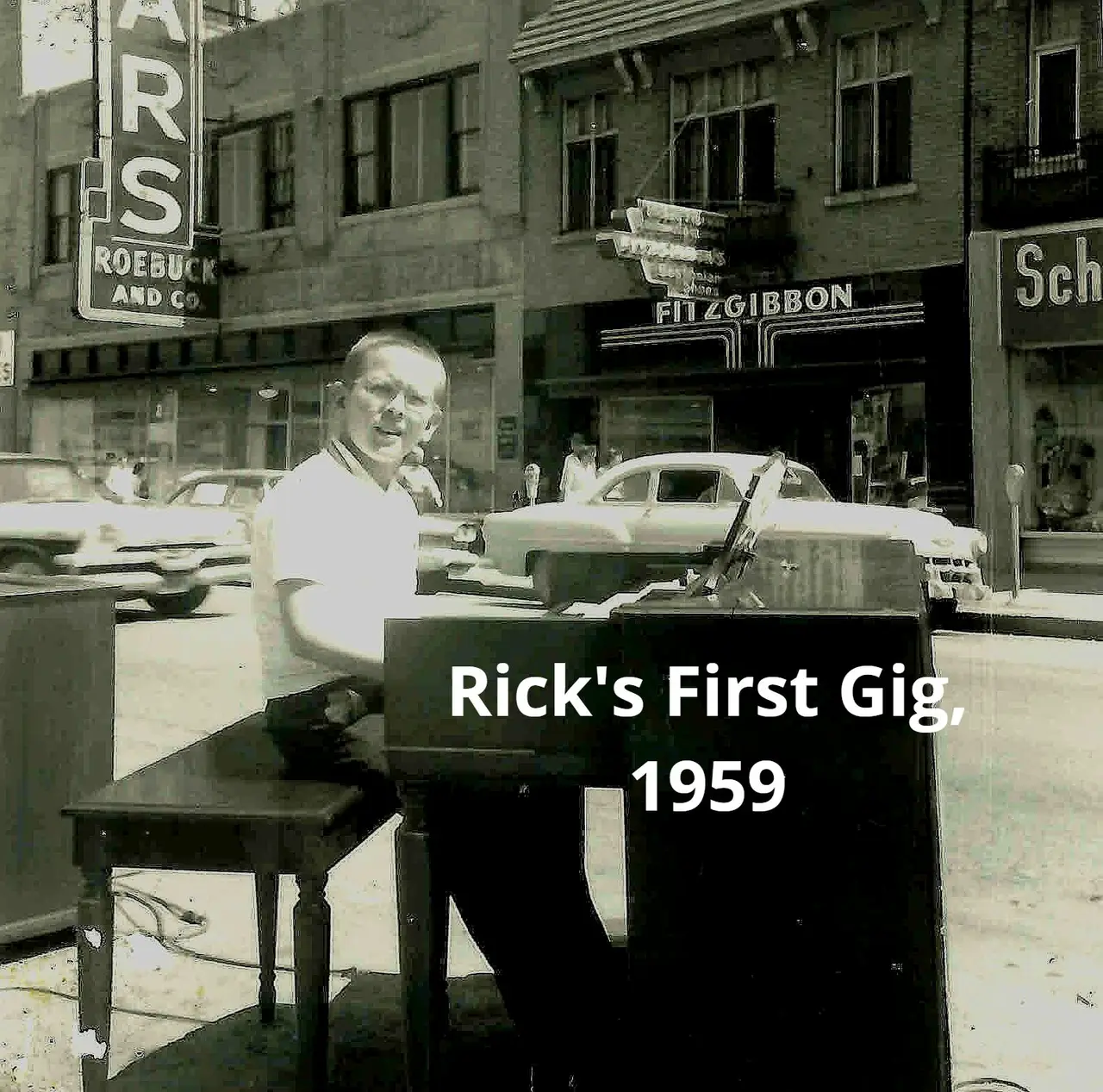 Rick's first gig, 1959: Rick as a boy playing an organ on a city sidewalk